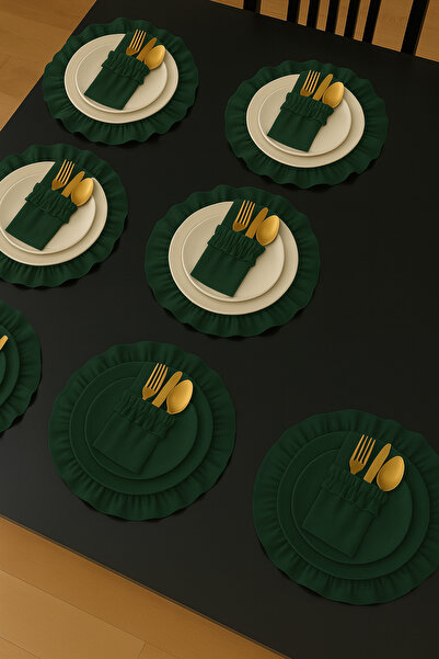 Mirilliahome Set de 12 veselă din in brut – Serviciu american cu volane și suport pentru tacâmuri/servetele