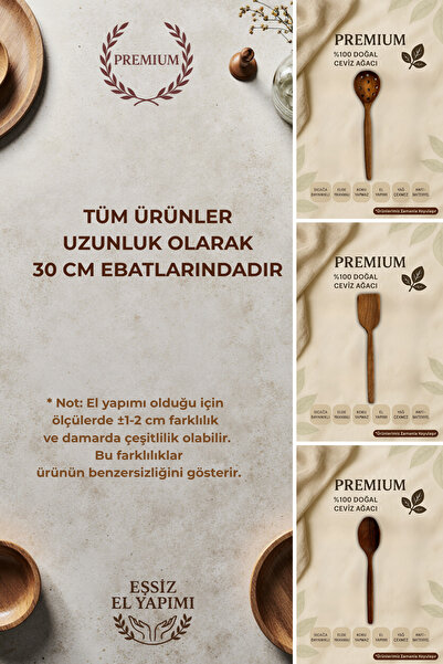 Ülgenev 3-Piece 100% Natural Walnut Wood Kitchen Set – Spatula, Spoon, Colander