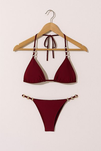Urrenn Gold Ring Detailed Semi-Brazilian Triangle Bikini Set Claret Red |   Unassisted, Beach Wear