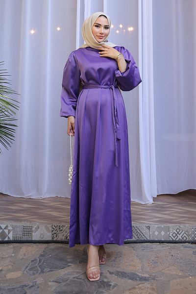 İmajButik Μωβ Judge Collar Balloon Sleeve Σατέν βραδινό φόρεμα