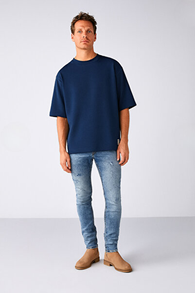 GUARAZ Чоловічий темно-синій оверсайз футболка з велосипедним коміром, 100% органічна бавовна, проста літня футболка