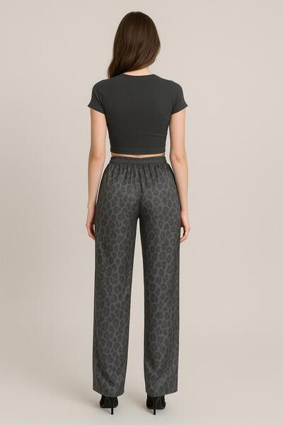 NOLYA MODA Women's Gray Leopard Patterned Satin Wide Leg Pants