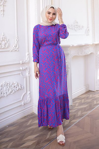 İmajButik Saks Blue Print Skirt Layered Viscon Dress