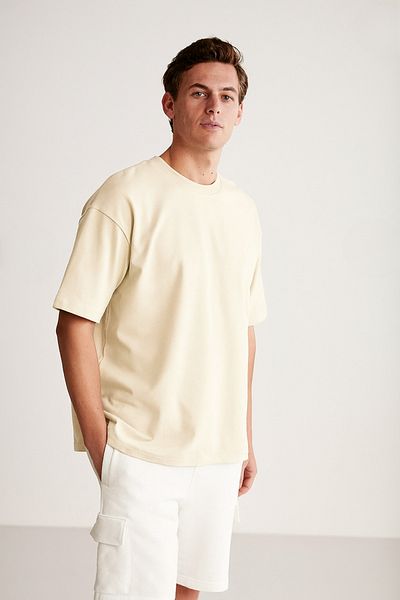 GUARAZ Men's Cream Oversize Crew Neck 100% Organic Cotton Plain Basic Summer T-Shirt