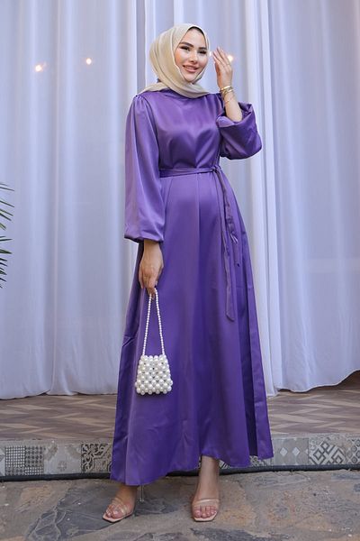 İmajButik Μωβ Judge Collar Balloon Sleeve Σατέν βραδινό φόρεμα