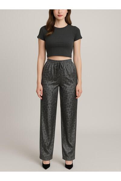 NOLYA MODA Women's Gray Leopard Patterned Satin Wide Leg Pants