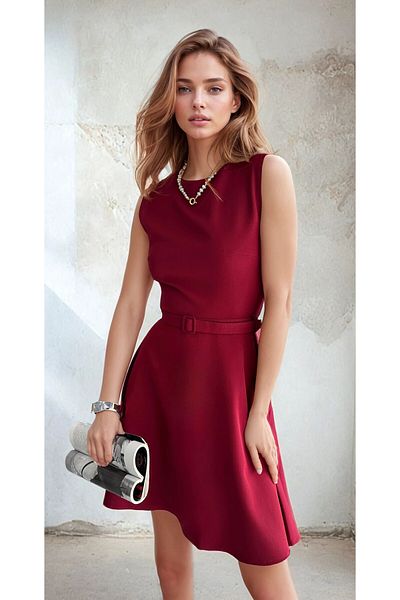 OLSAMODA Women's Atlas Fabric Belt and Pocketed Flare Dress