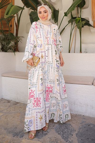 İmajButik Κρεμ Φόρεμα με μισό κουμπί με φούστα