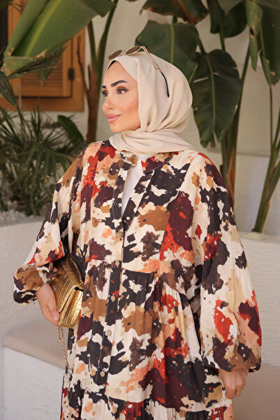 İmajButik Καφέ Φόρεμα με μισό κουμπί και φούστα