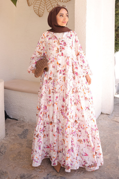 İmajButik Κρεμ Φόρεμα με μισό κουμπί με φούστα