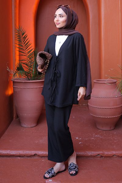 İmajButik Μαύρο μπροστινό δεμένο παντελόνι κιμονό