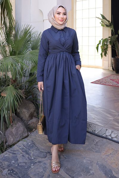 İmajButik Φόρεμα με ζώνη μπλε μπλέ