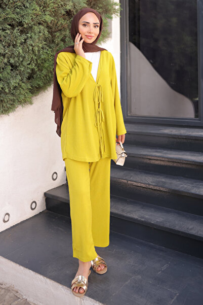 İmajButik Oil Green Front Tie Wrap Kimono Pants Suit