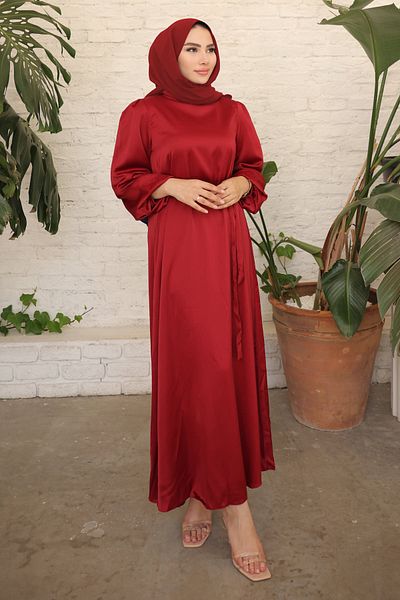 İmajButik Βραδινό φόρεμα με μανίκια μπαλόνι με γιακά μπορντό