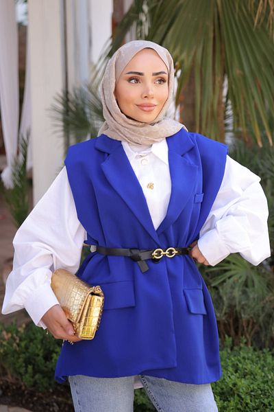 İmajButik Vestă cu centură în talie albastră Saks