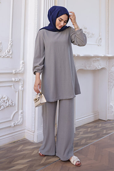 İmajButik Gray Wrinkled Tunic Trousers Suit