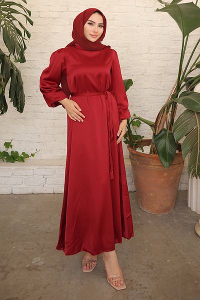 İmajButik Βραδινό φόρεμα με μανίκια μπαλόνι με γιακά μπορντό