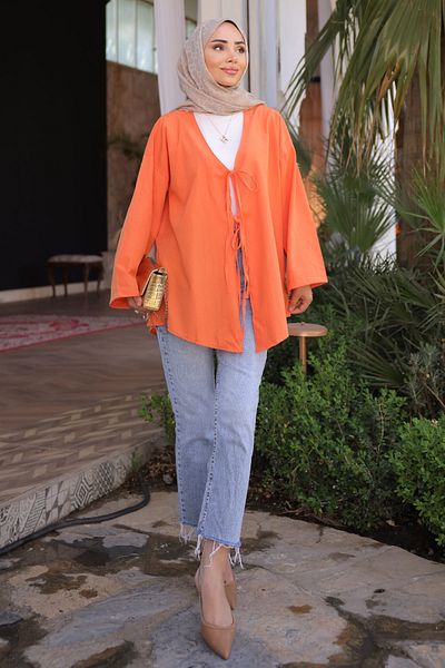İmajButik Orange Front Tie Kimono Tunic