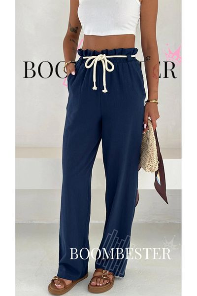 BoomBester Women's Crinkle Rope Belted Wide Leg Relaxed Fit Palazzo Pants 100% Cotton Fabric Elastic Waist
