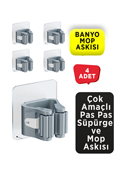 adornazzle Yapışkanlı Süper Kalite Mop Askısı Mop Sap Tutucu 4 Adet