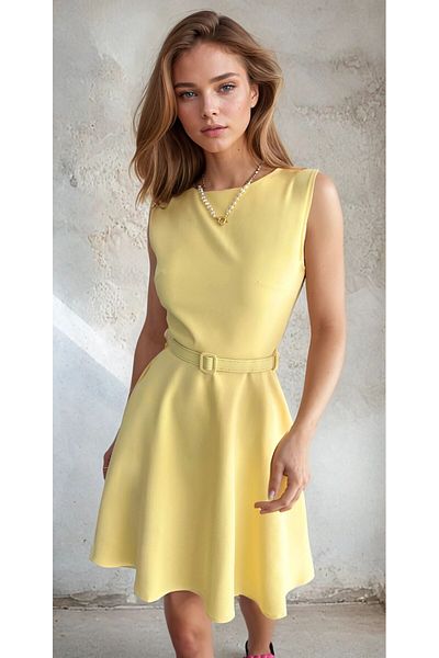 OLSAMODA Women's Atlas Fabric Belt and Pocketed Flare Dress