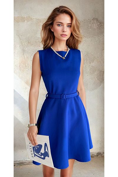 OLSAMODA Women's Atlas Fabric Belt and Pocketed Flare Dress