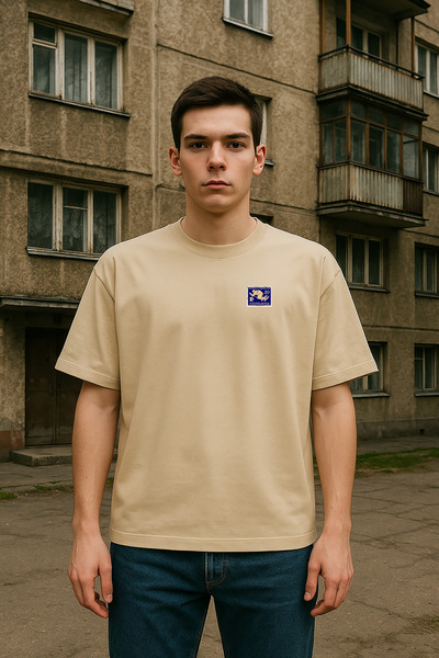 wolka Yugoslavya Posta Pulu Baskılı %100 Pamuk Oversize Bisiklet Yaka Bej Erkek T-shirt