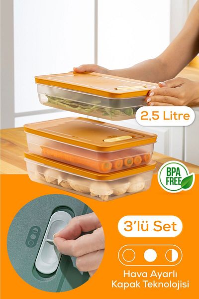 Vienev 2.5 Liter Orange 3-Piece Adjustable Vegetable and Fruit Storage Container