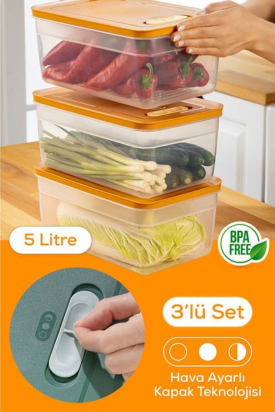 Vienev 5 Liter Orange 3-Piece Adjustable Vegetable and Fruit Storage Container