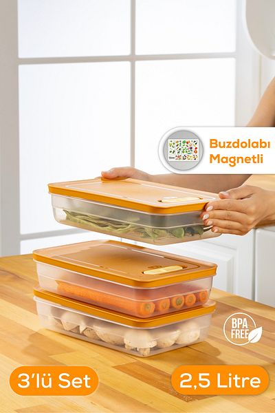 Vienev 2.5 Liter Orange 3-Piece Adjustable Vegetable and Fruit Storage Container