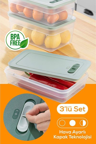 Vienev Mint Colored 3-Piece Vegetable and Fruit Storage Set - 2.5-3.8-5 Liters