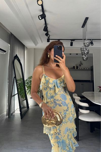 Afiş Butik Yellow Strap Floral Patterned Ruffle Dress