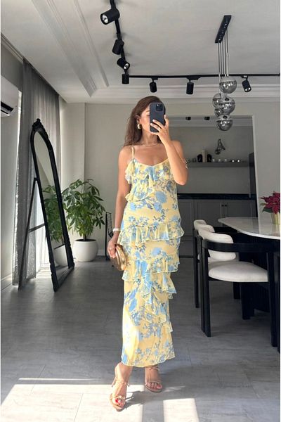 Afiş Butik Yellow Strap Floral Patterned Ruffle Dress