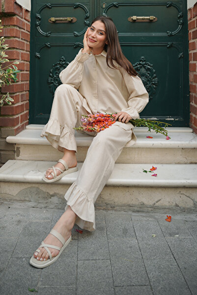 Molly Nelly Women's Cuff Detailed Linen Long Shirt Pants Set