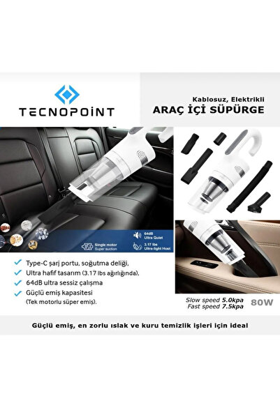 tecnopoint Portatif Güçlü Vakumlu Araç Süpürgesi + Ev/Ofis Kullanımı, Şarjlı El Süpürgesi
