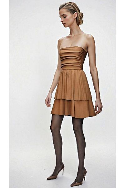 OLSAMODA Women's Textured Fabric Skirt Double Layer Drape Detail Strapless Dress