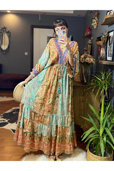 MODAGK فستان حريري مستورد بنمط بوهيمي – فستان طويل صيفي عرقي