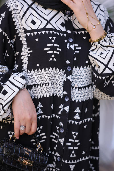 İmajButik Black Patterned Half Button Viscon Dress