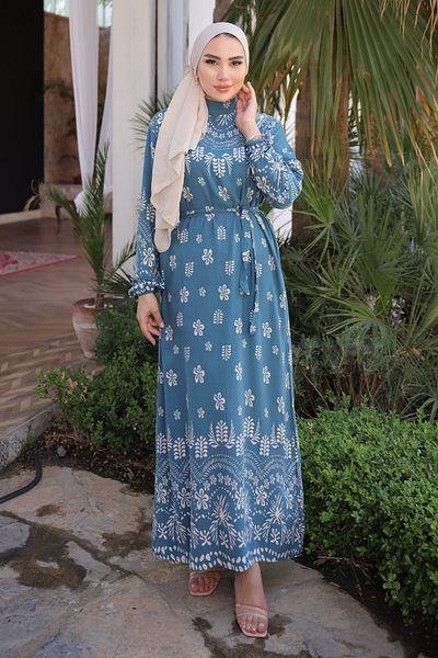 İmajButik Φόρεμα Viscon με μπλε βενζίνη με μοτίβο φούστα