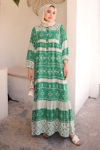 İmajButik Φόρεμα Viscon με πράσινο σχέδιο με μισό κουμπί