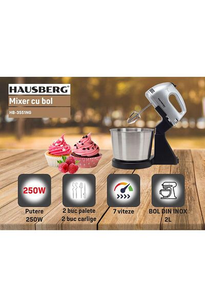 Hausberg HB-3551NG Bowl Mixer, 7 speeds, 250W power, 2L STAINLESS STEEL BOWL, Black