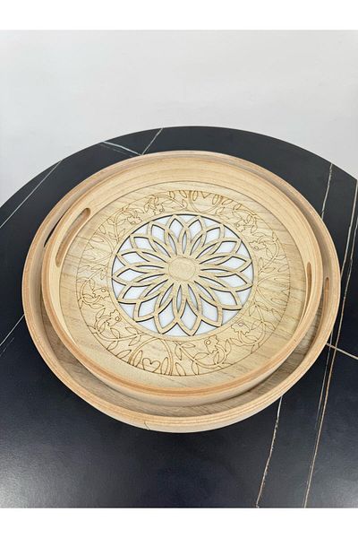 Living Set of 2 serving trays, decorated wooden with a glass top.