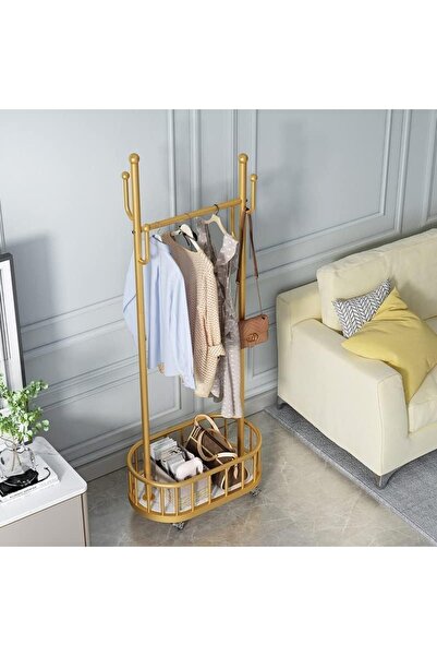 Living Floor Standing Metal Clothes Rack With Portable Wheel, Gold