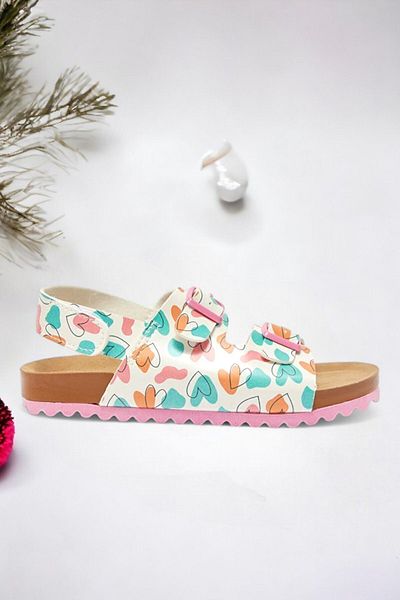 Ponchiq White Heart Printed Girl's Sandals
