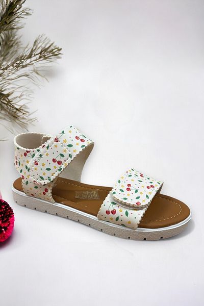 Ponchiq Sandale pentru fete cu velcro cu model de cireș alb
