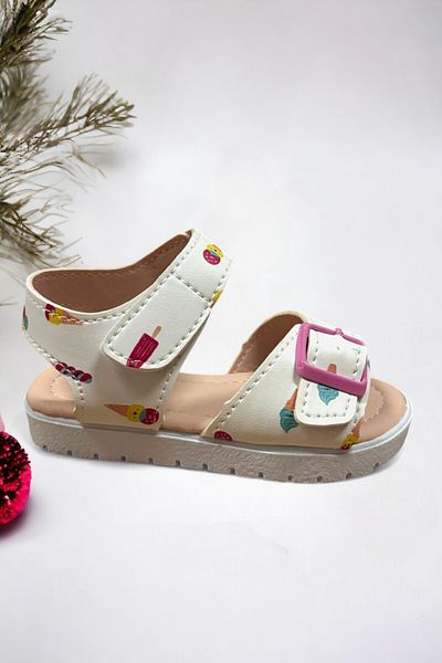 Ponchiq White Ice Cream Patterned Velcro Girls' Sandals