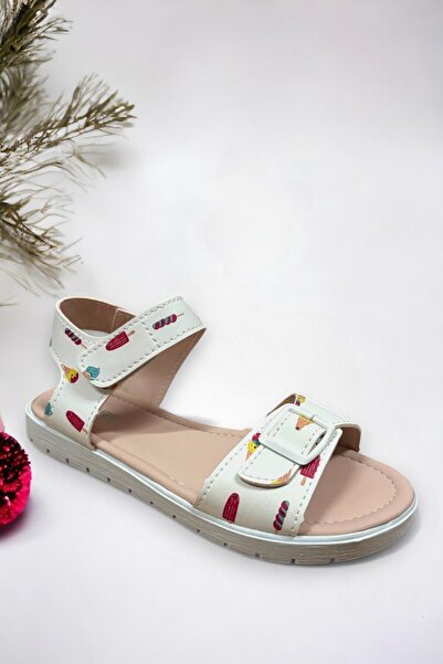 Ponchiq White Ice Cream Patterned Velcro Girls' Sandals