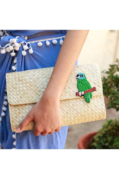 Beng Artisans Parrot Aplique Clutch Bag El Yapımı Hasır El Çantası
