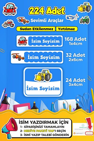 SB store Sevimli Arabalar Temalı Okul Kreş Kişiye Özel Isim Etiket Seti Model 17