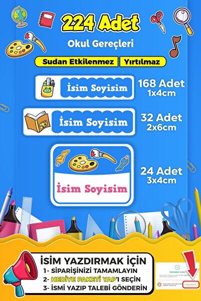 SB store Okul Kreş Etiketi Kalem Defter Özel Isim Yazılabilen Etiket Seti Mod...